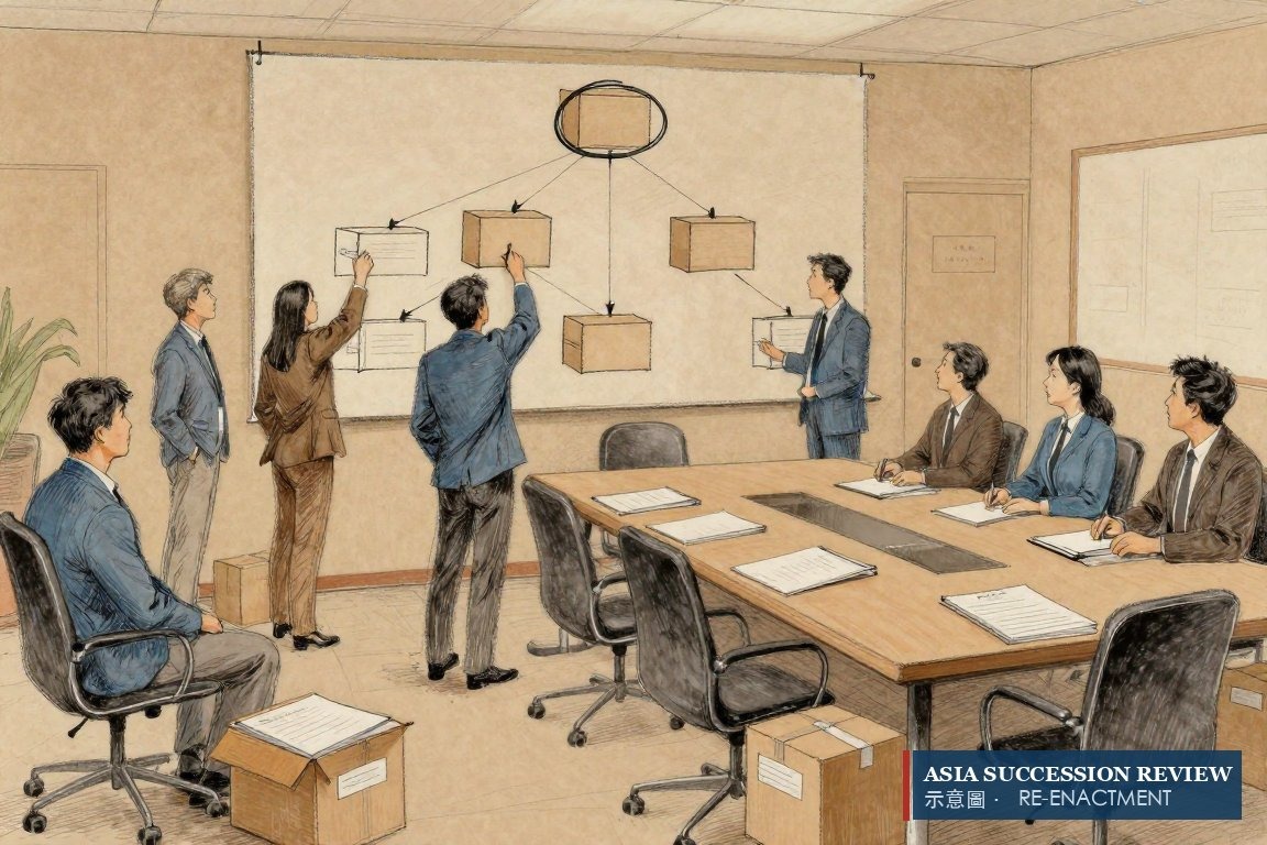 Lawyers circling an empty top box on an ownership chart — the founder personally owned no shares.