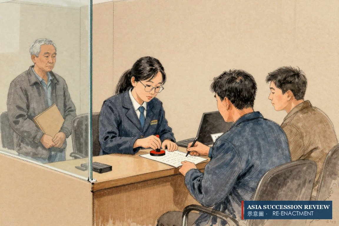 职员为年轻夫妇盖章办过户，前屋主在一旁看着：登记簿说了算，第759-1条。