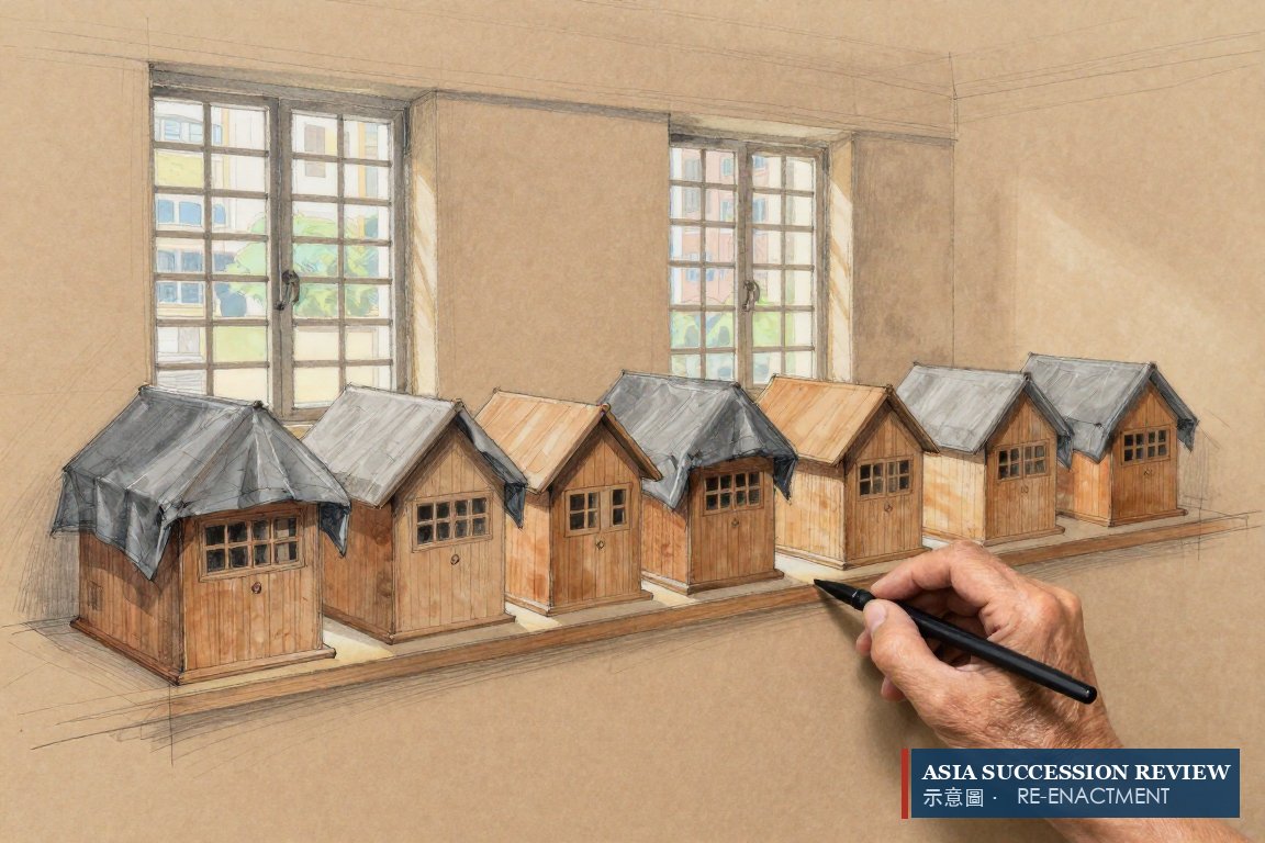 架上八个房屋模型，五个盖着布：八栋房子变成三栋，分别在台北、香港和马来西亚。