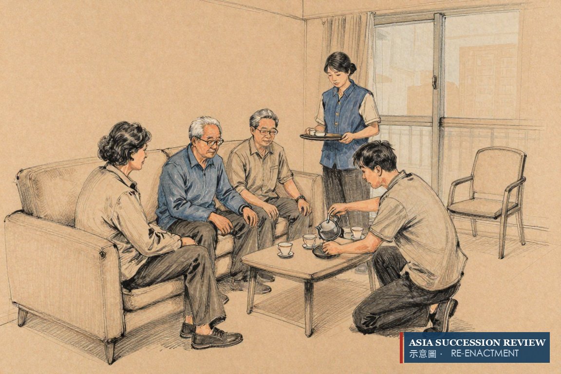 干儿子为老歌手斟茶，侄辈坐在桌边：依第1138条，没有一个是继承人。