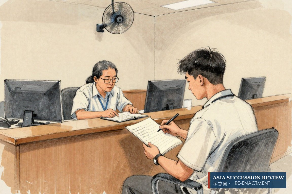 职员为年轻人指着法典里的一行：第6条规则让侄辈按房继承。