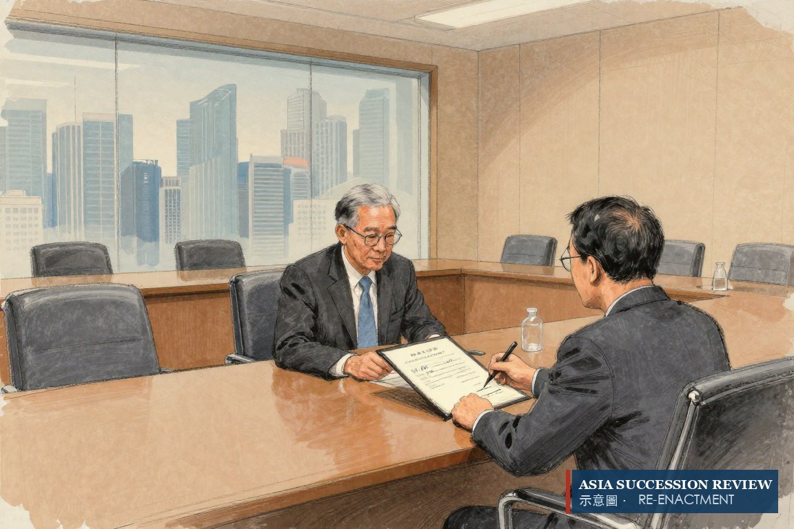 受托人把装订好的契据推给老客户：产权靠契据，不靠朋友的名字。