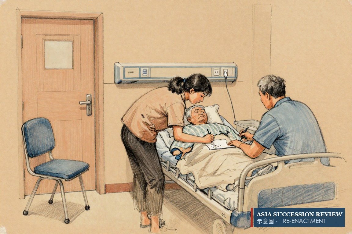 两名被授权人在病床边一起签字：出售须共同签署，助理不在其中。