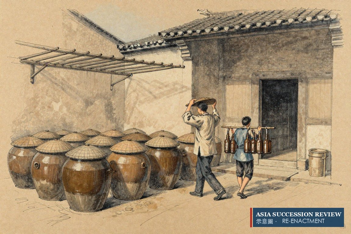 Halaman kecap penuh tempayan fermentasi di Fujian — usaha yang dimulai keluarga pada 1901.