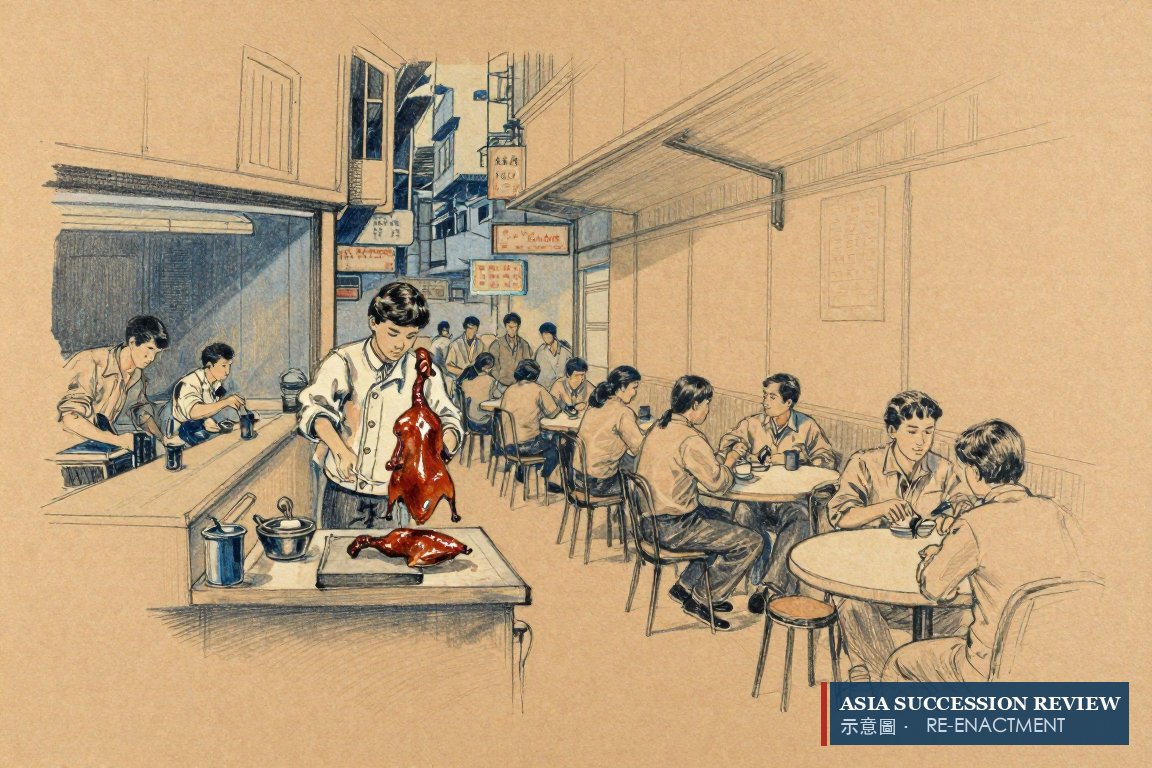 The founder carving roast goose in his Central restaurant housed in its own building, the empire he built.