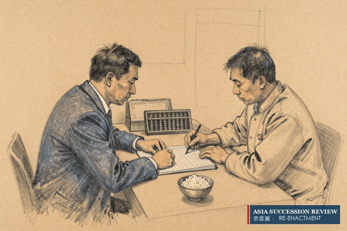 Two brothers gripping the same share register in the restaurant office — near-equal shares, neither able to decide.
