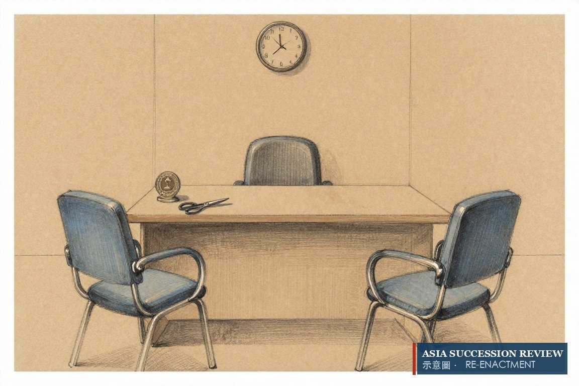 Two facing chairs, a company seal and scissors, no referee's seat — equal shares with no exit mechanism.