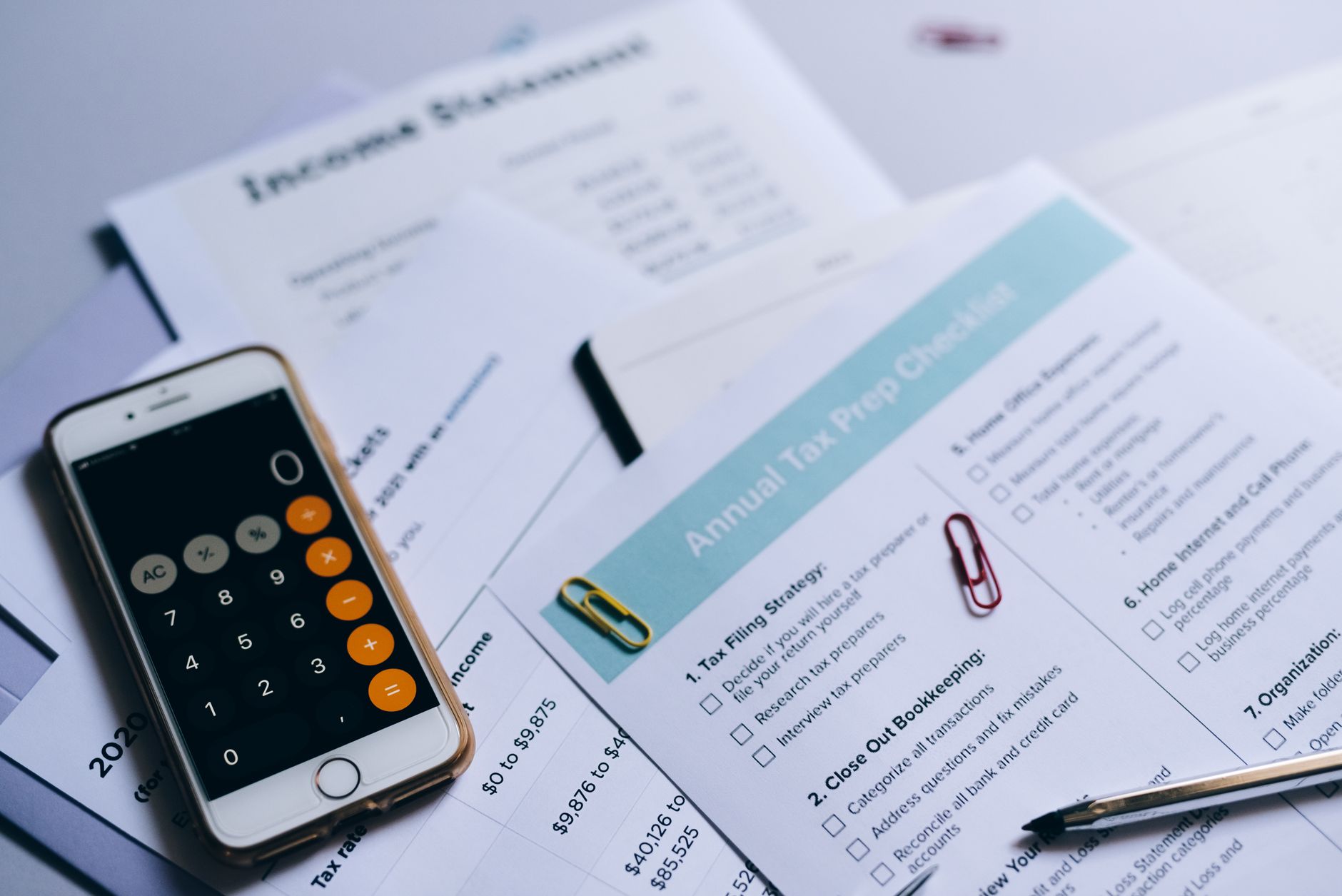 Tax documents and a calculator