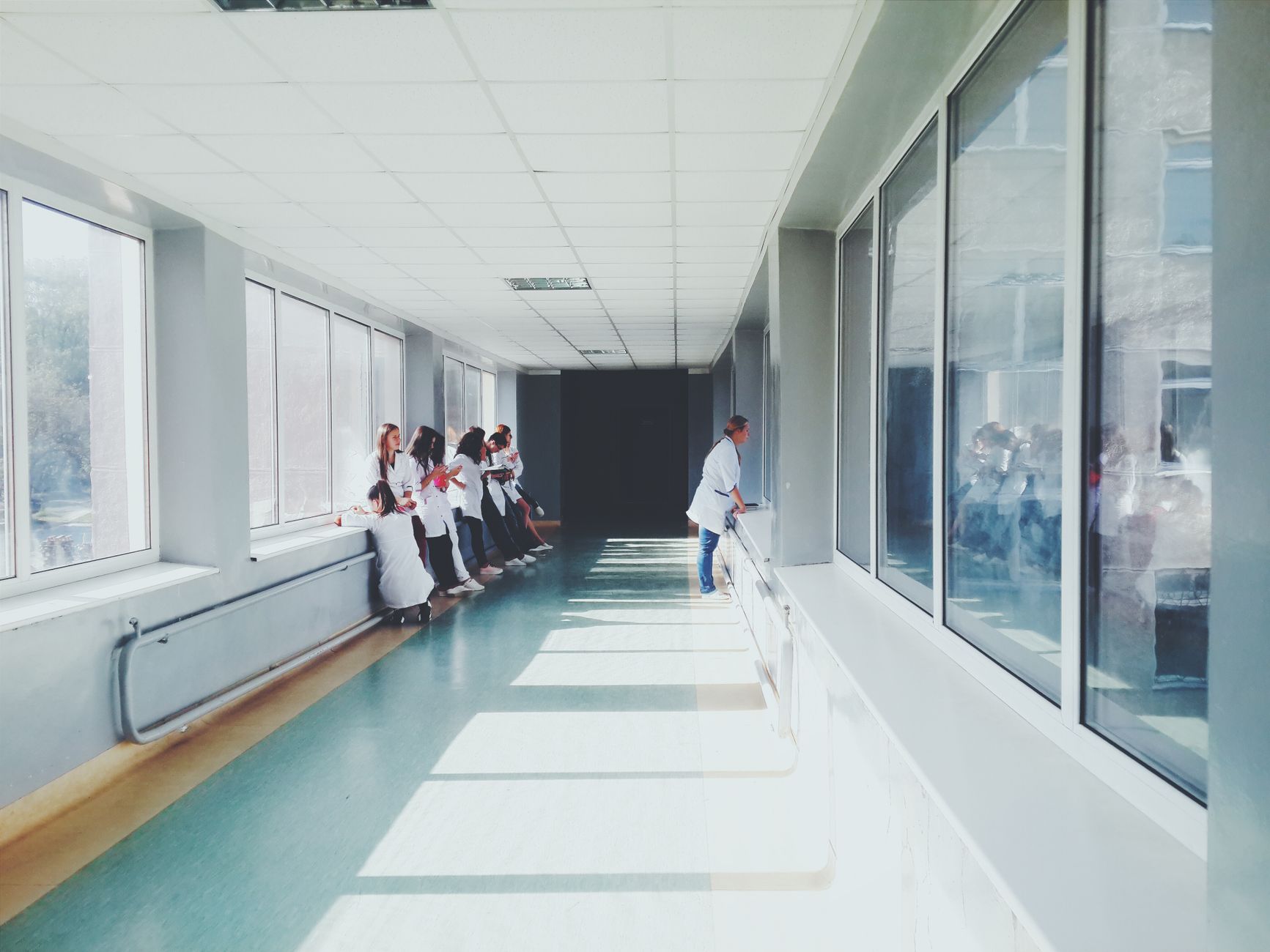 A hospital corridor in window light