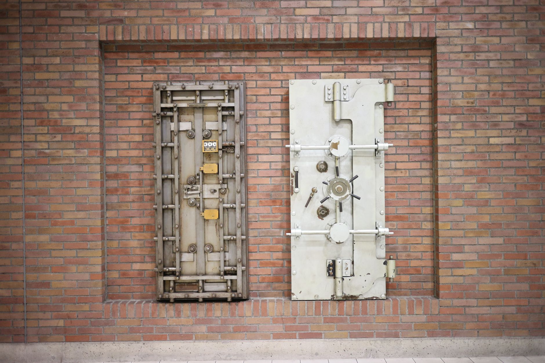 Closed steel bank vault doors