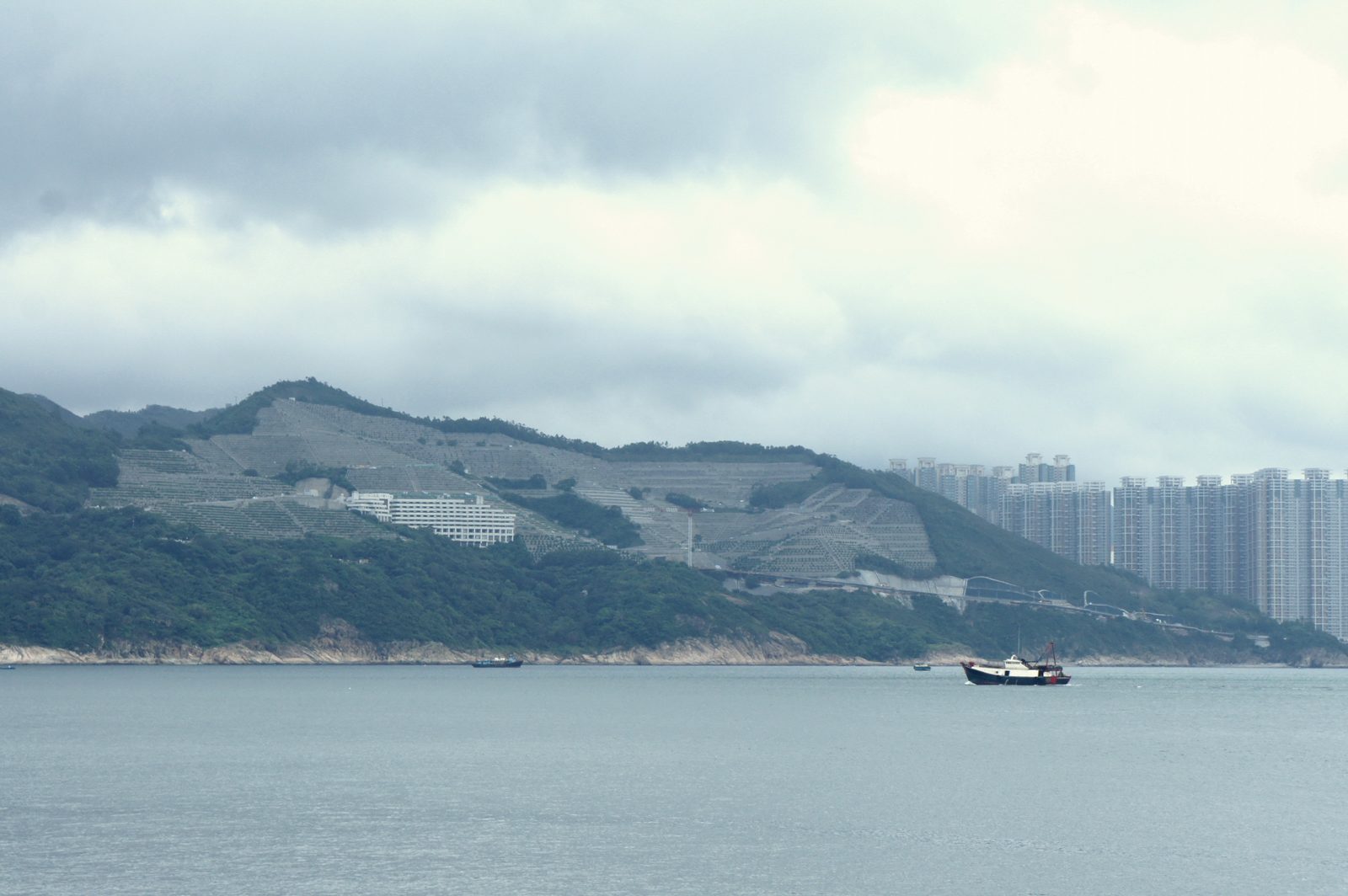 Tseung Kwan O Chinese Permanent Cemetery on the hillside above the sea, seen from Siu Sai Wan, with the towers of Tseung Kwan O behind — a burial plot here, not a cremation, is what Anita Mui's brother says their mother wanted