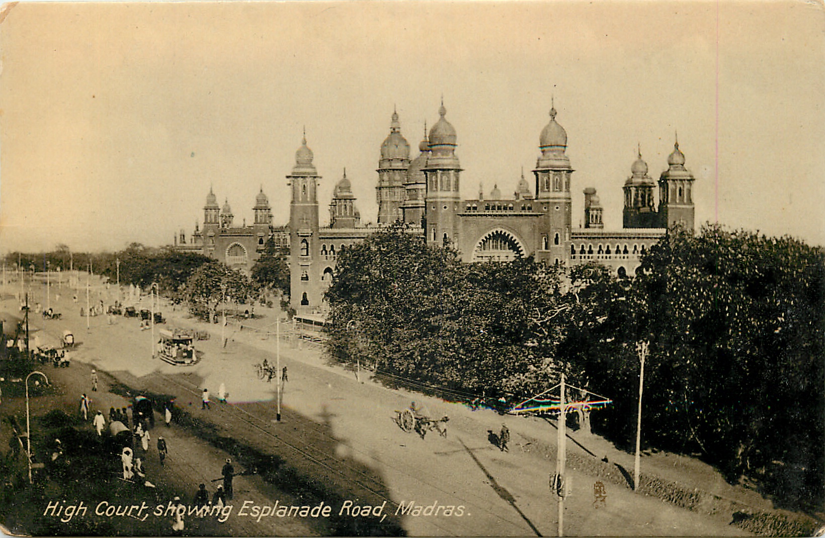 The Madras High Court on Esplanade Road, from an early twentieth-century postcard — the court that probated MGR's will in 1992 and dismissed two claims to land from his estate in September 2026