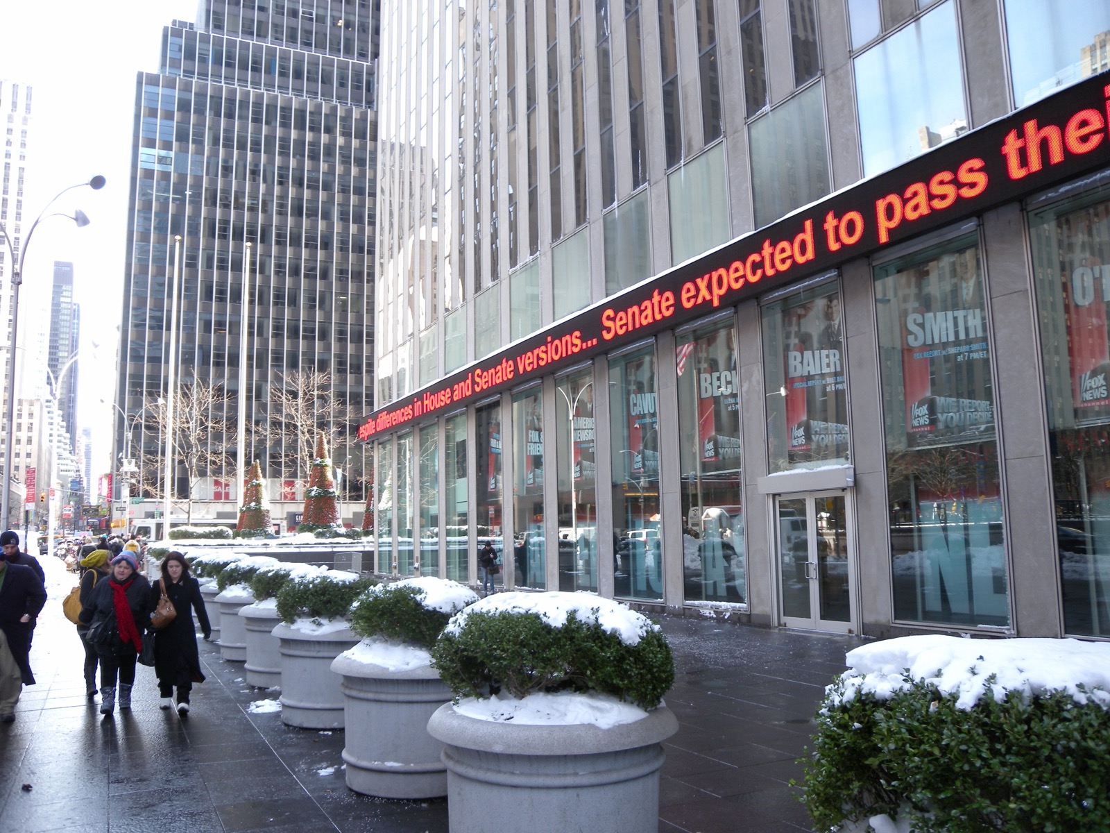 The Fox News headquarters on Sixth Avenue, New York, with the news ticker running along 48th Street