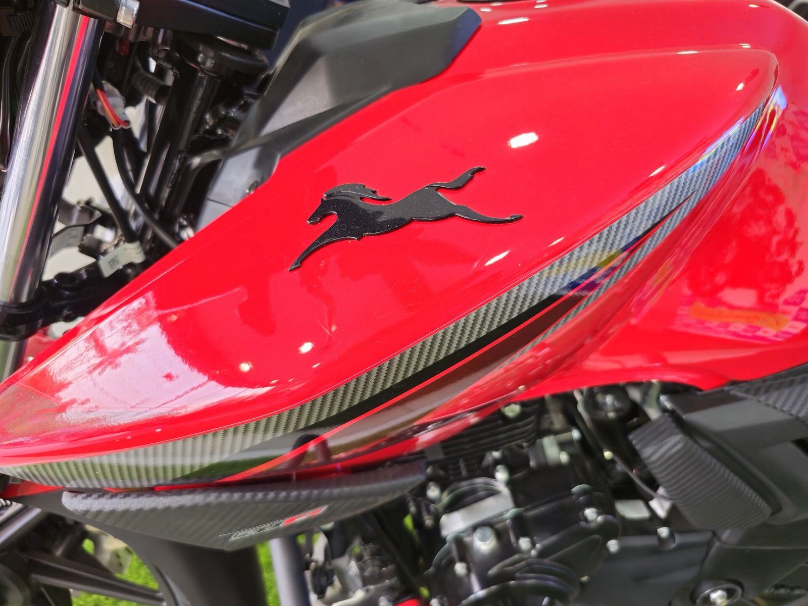 The horse emblem on the red fuel tank of a TVS Apache RTR 160 4V at a TVS showroom in Kerala, 2024: TVS Motor is the flagship the Venu Srinivasan family's two camps now dispute